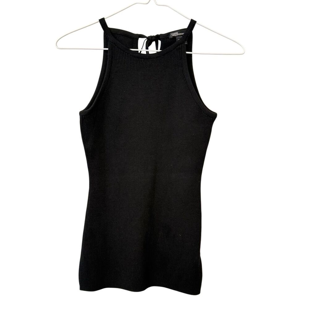 Guess Collection Silk Blend Ribbed Knit Halter Sleeveless Tank Top Black Large